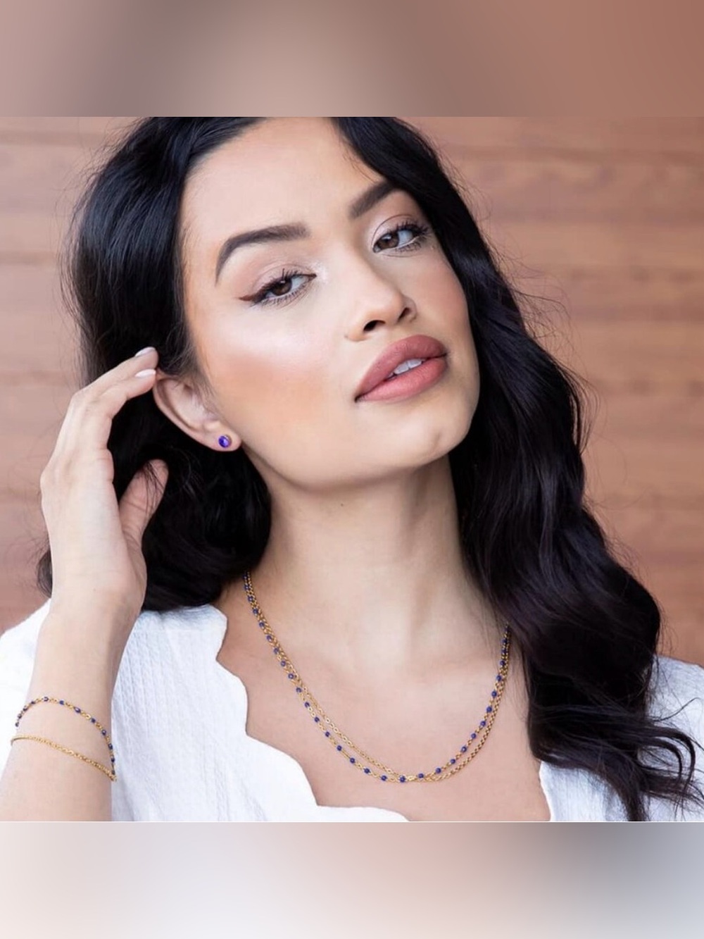 Plunder Gold Layered Necklace with Blue Sapphire Colored Beads 3 Piece Set - Picture 3 of 10